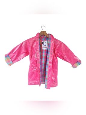 Vintage 80's Girl's Sailmaker Hot Pink Madras Lined Preppy Rain Slicker Jacket